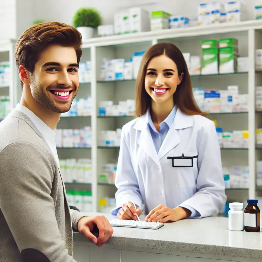 DALL·E 2024-12-31 17.10.14 - A friendly pharmacist in a clean and welcoming pharmacy environment assisting a patient at the counter. The pharmacist is smiling warmly, wearing a pr